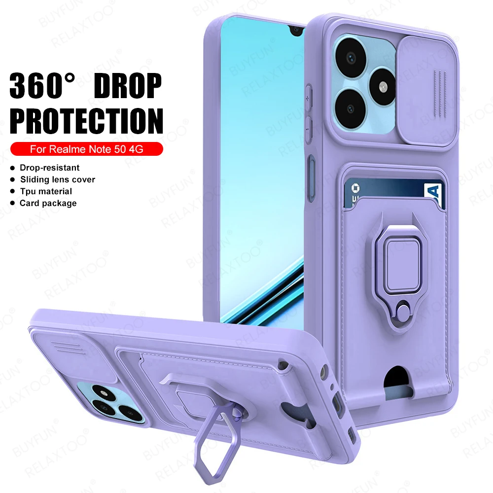 Slider Camera Protect TPU Case For Realme Note 50 4G Magnet Holder Ring Card Bag Shockproof Coque On Realmi Note50 RMX3834 6.74