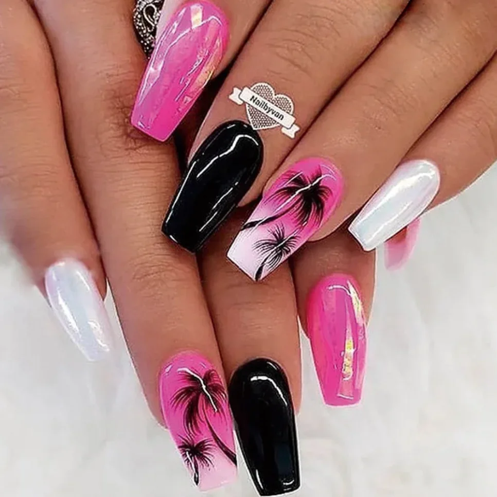 

24Pcs/Lot Rose Red Black Contrast Color False Nails Art French Fake Nails Set Ballerina Coffin Full Cover Press on Nail Tips