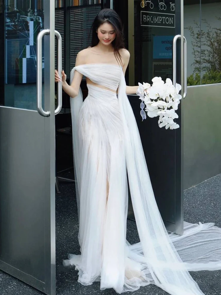 

Sexy Strapl Wedding Dr Ele Outing Gown Fairy T White Bridal Robe for Engagement High End Luxury Unique Sle