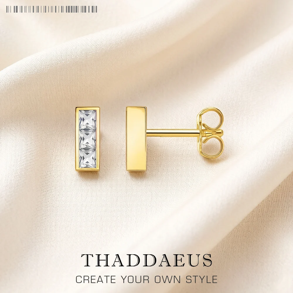 

Gold Plated Ear Stud Earrings Geometric White Stone Europe Style Fine Jewerly For Women Trendy Gift In Real 925 Sterling Silver