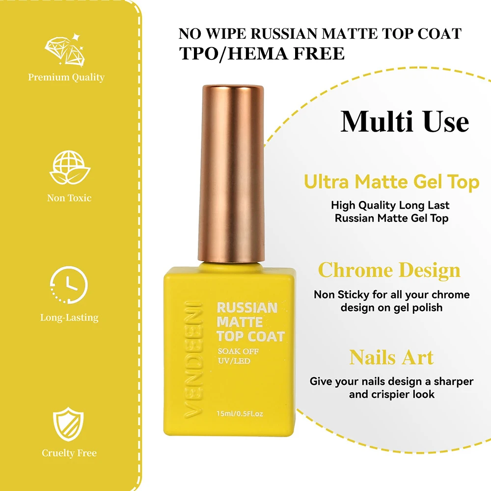 Vendeeni TPO HEMA FREE Top Coat opaco russo Semi permanente UV Soak Off Gel Smalto per unghie Smerigliato Polvere antiaderente Top Coat opaco