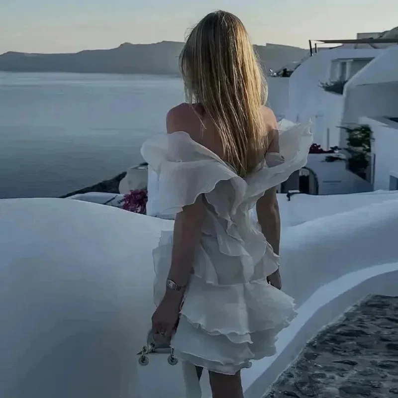 Mini vestidos elegantes sólidos em camadas plissado borda feminina sexy barco pescoço sem mangas vestidos sem costas verão senhora férias