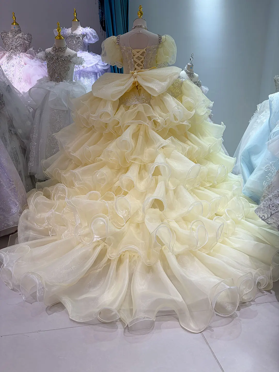 Jill Wish W102 Light Yellow Enchantment — Champagne Embroidered Crystal Princess Ball Gown Reception & Pre-Wedding Shoots