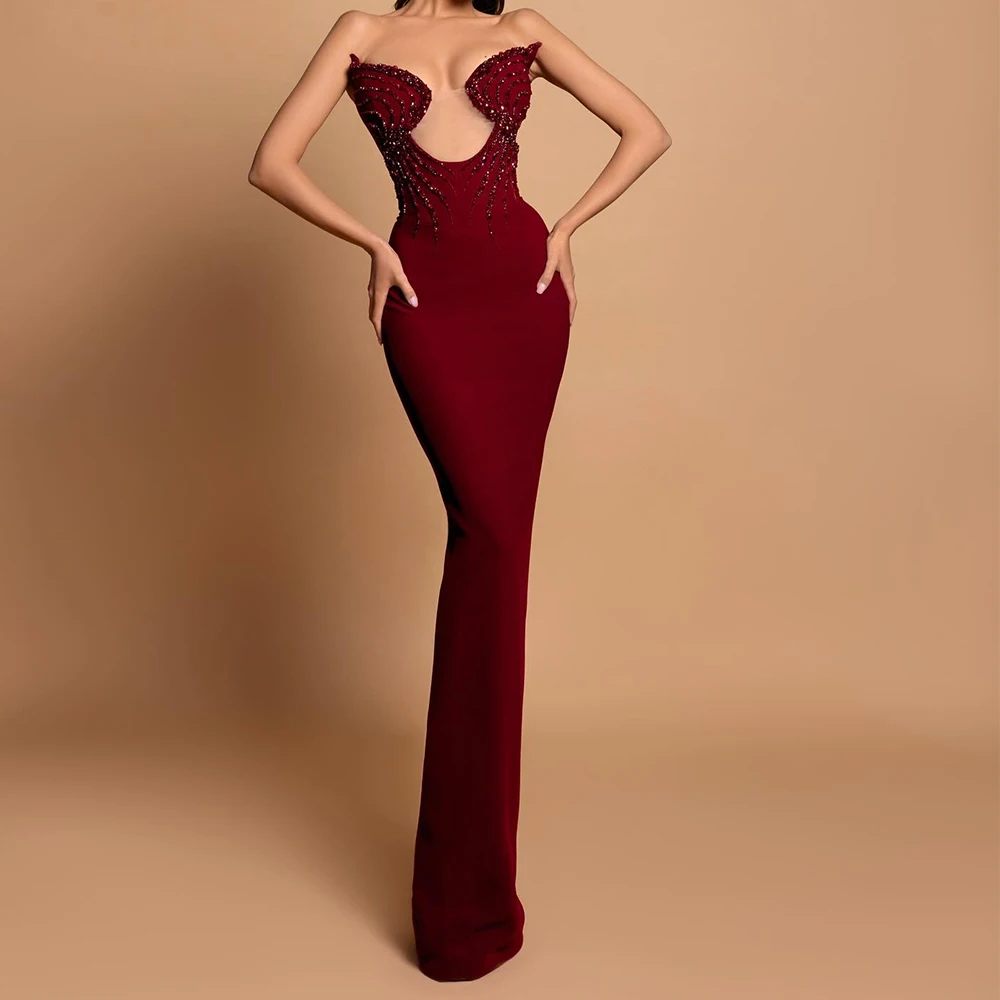 Customized Sexy Jersey Straight Crystal Back Slit Evening Dress Temperament Floor Length Lace Up Back vestidos de fiesta