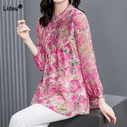 Elegant Fashion Long Sleeve Floral Chiffon Blouse Women's Clothing Spring Korean All-match Folds Spliced Stand Collar Shirt