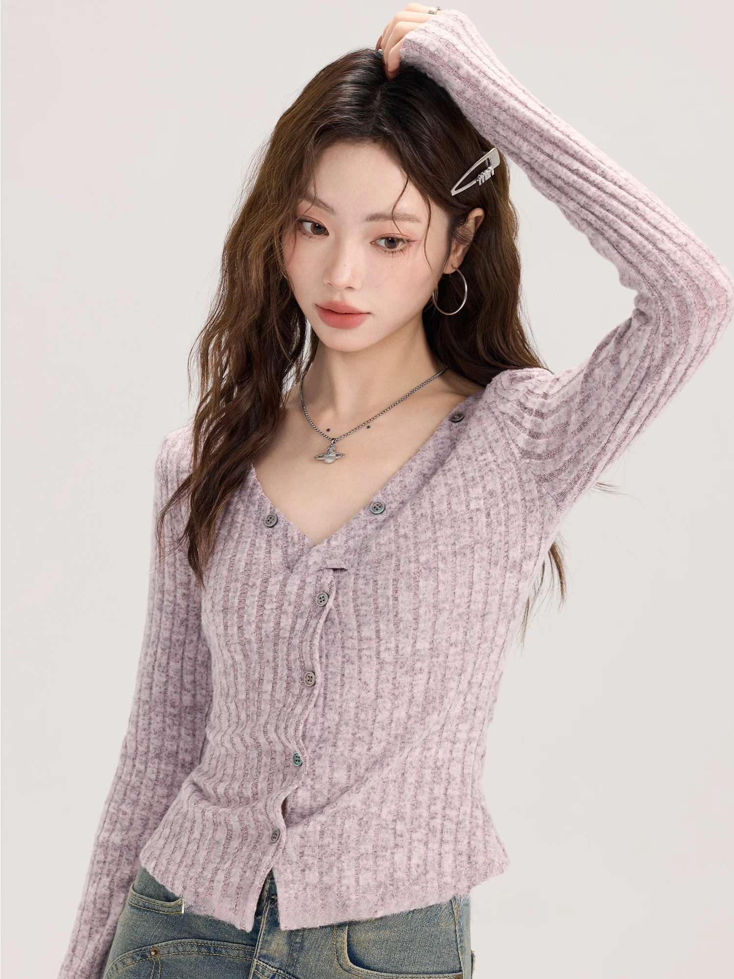 

Американский вязаный свитер с длинными рукавами для женщин, с V-образным вырезом, осенняя модель, облегающий, для ношения под одеждой