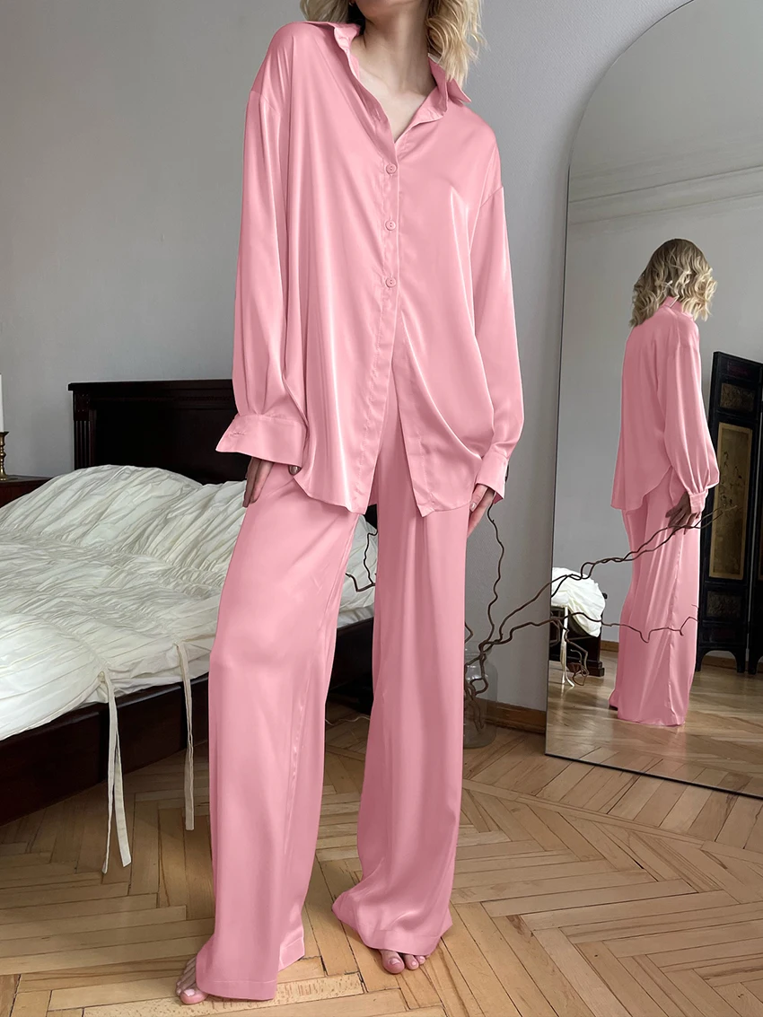 Marthaqiqi Loose Ladies Sleepwear Set Long Sleeve Nightwear Turn-Down Collar Pajamas Pants Casual Female Nightgowns 2 Piece Suit