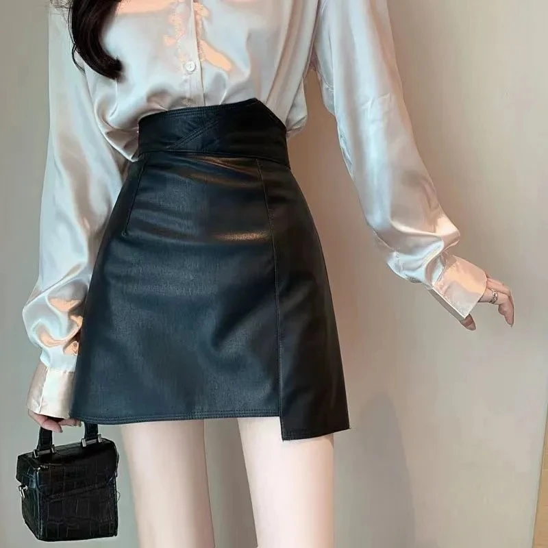 

Autumn Winter Sexy PU Faux Leather Skirts Women's 2022 Korean Fashion Streetwear High Waist Irregular A-Line Mini Skirt Faldas