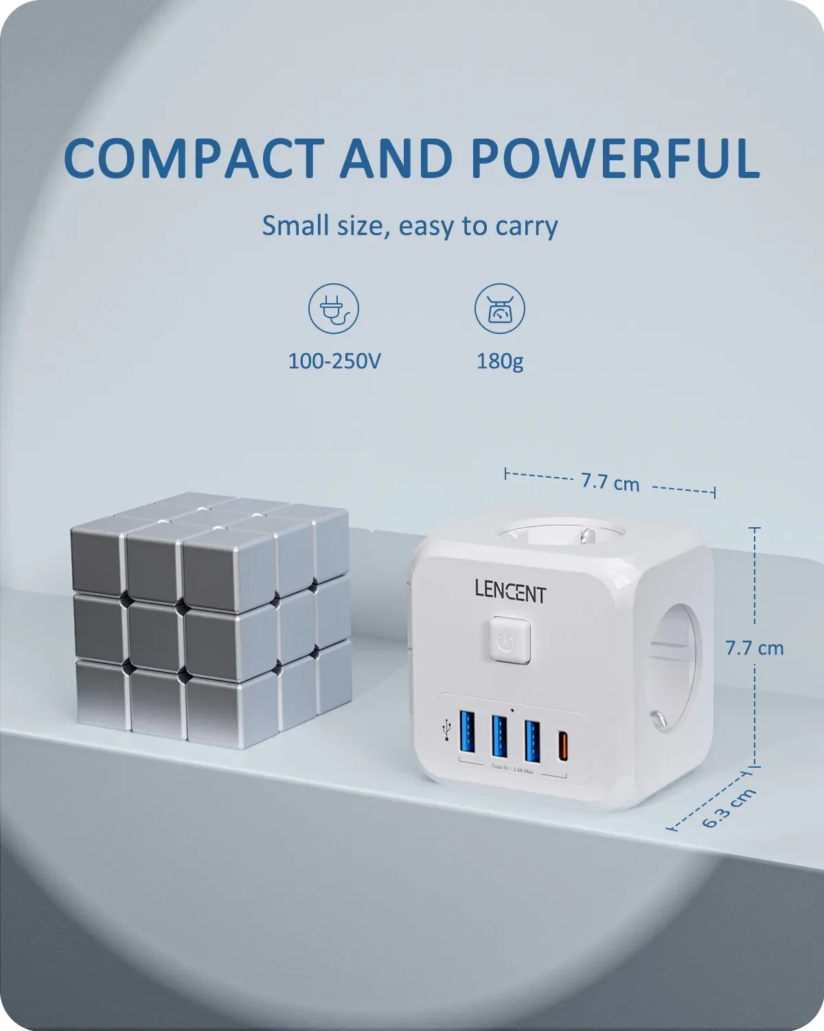 LENCENT Wall Socket Extender with 3 AC Outlets 3 USB Ports And1 Type C 7-in-1 EU Plug Charger On/Off Switch for Home