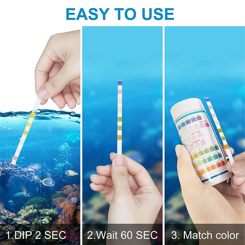 7-IN-1 Aquarium Test Strips 100pcs Fish Tank Test Kit Freshwater Saltwater Aquarium Water Test to Detect PH NO3 NO2 GH KH CI TCL