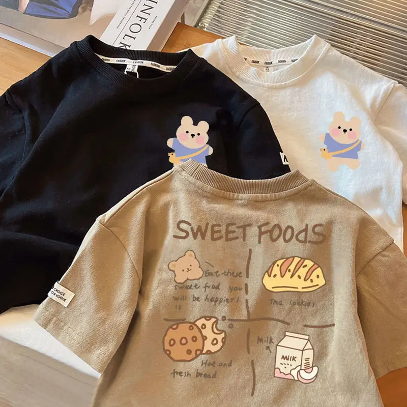 Summer New Boys Pullovers Crew Neck Cartoon Printed All-match Fashion Loose Comfortable Short Sleeve Pure Cotton T-shirt Tops