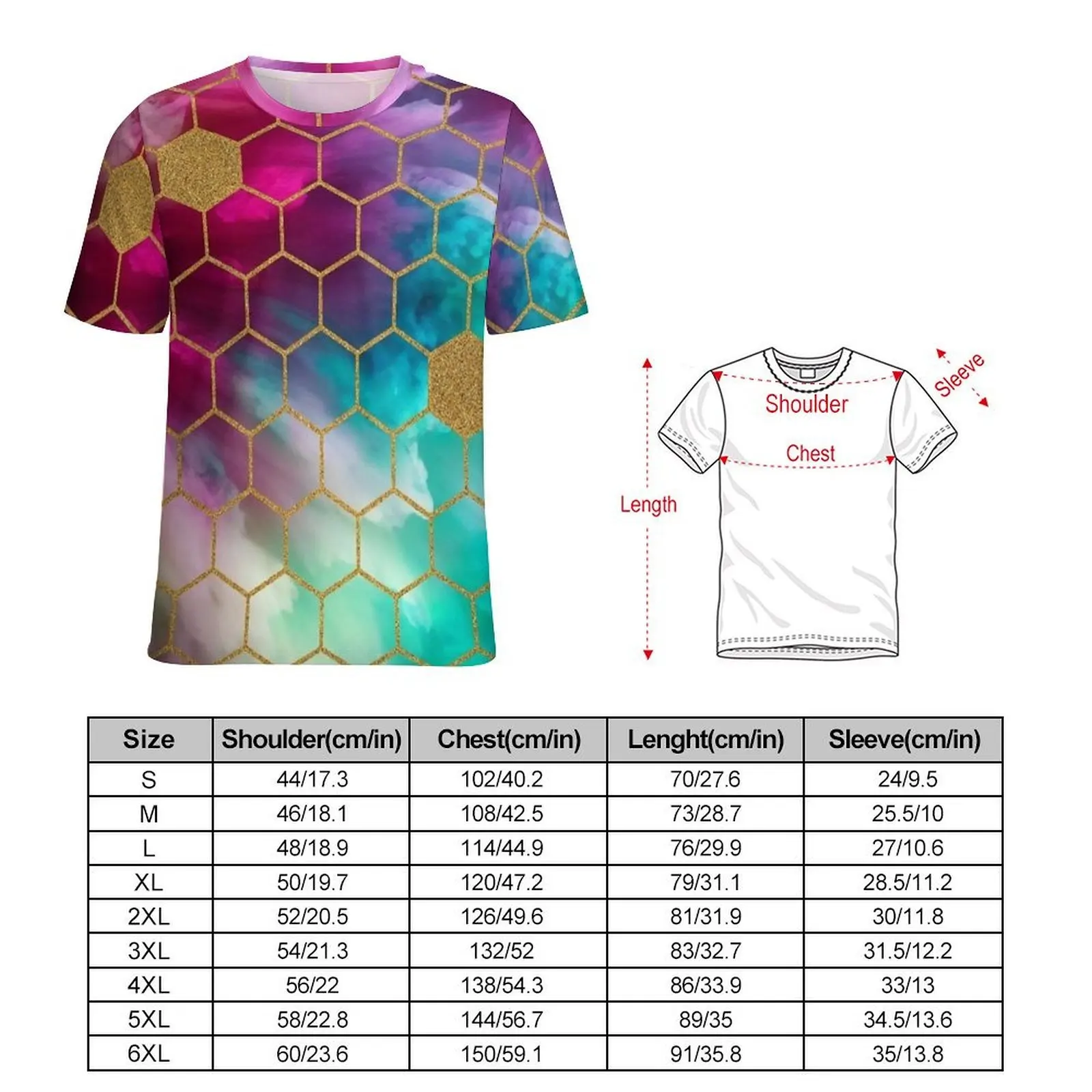 Premium T Shirt Rainbow Gold Hexagon Print T-Shirts  Basic Retro Tee Shirt For Male Short-Sleeved Graphic Oversize Clothing