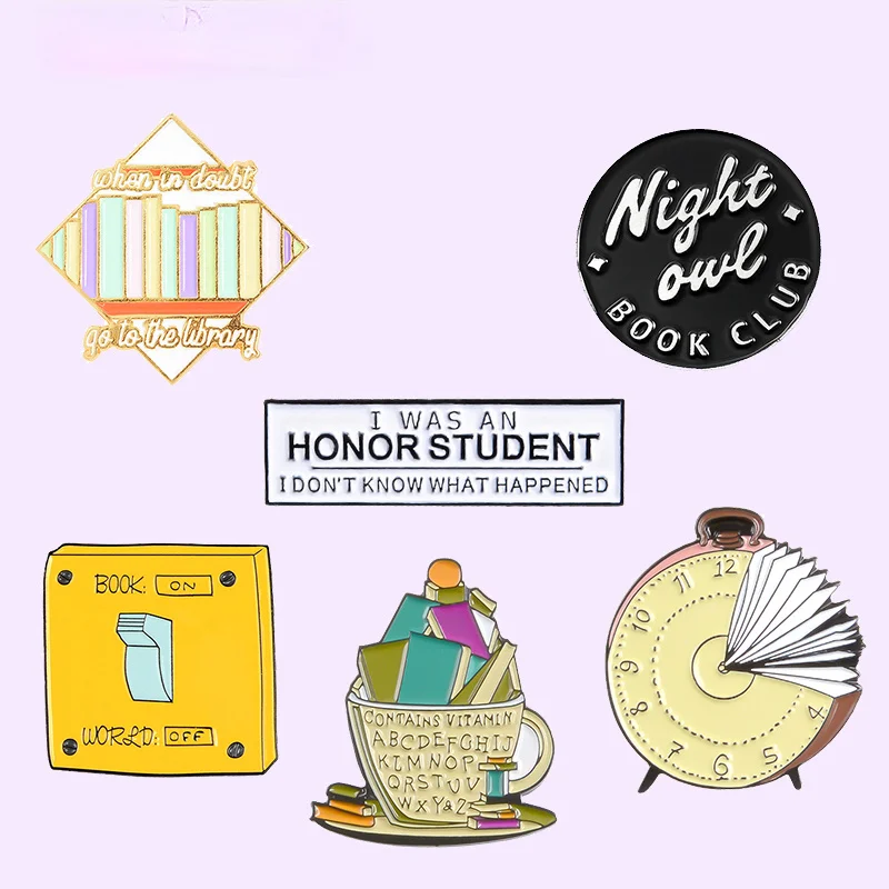 Wholesale My Student Life Soft Enamel Pin Books Library Round Power Switch Alarm Clock Lapel Pin Brooche Jewelry Gift for Friend