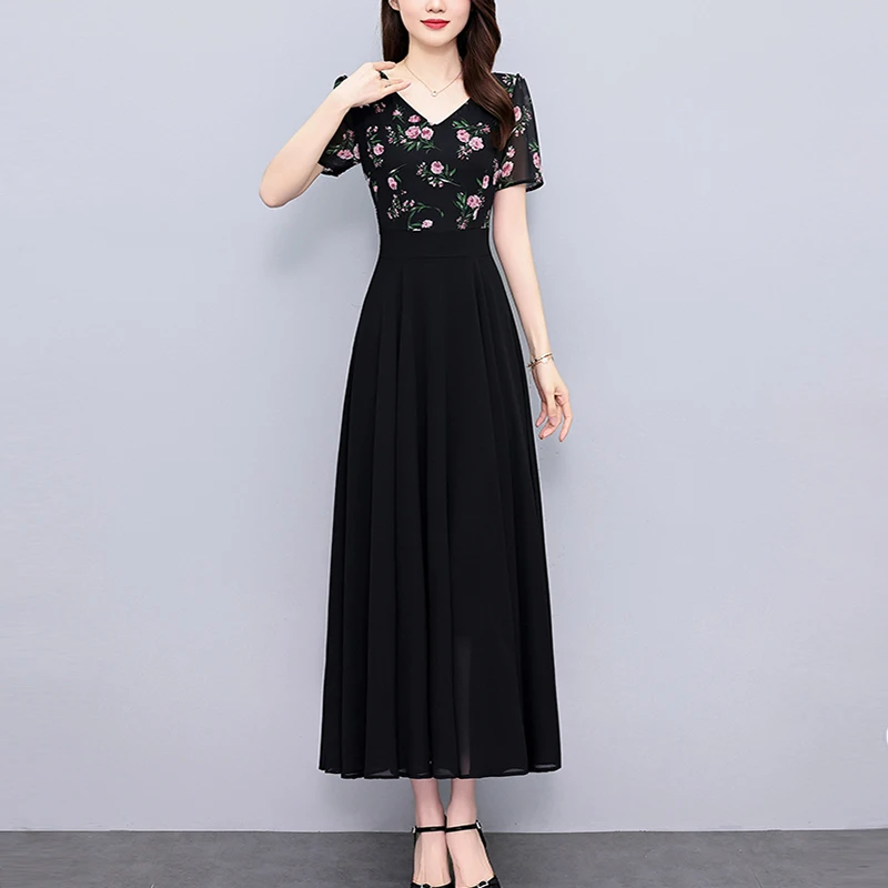 Letnia sukienka szyfonowa w kwiaty, elegancka, dopasowana, wyszczuplająca w talii, w stylu vintage, czarna, długa sukienka na imprezę, wieczór, Vestidos, nowość na lato 2025.