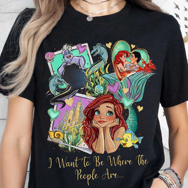 تي شيرت نسائي من Disney Little Mermaid Ariel و Ursula and Froude مطبوع مريح مقاس كبير من القطن المريح بأكمام قصيرة #1