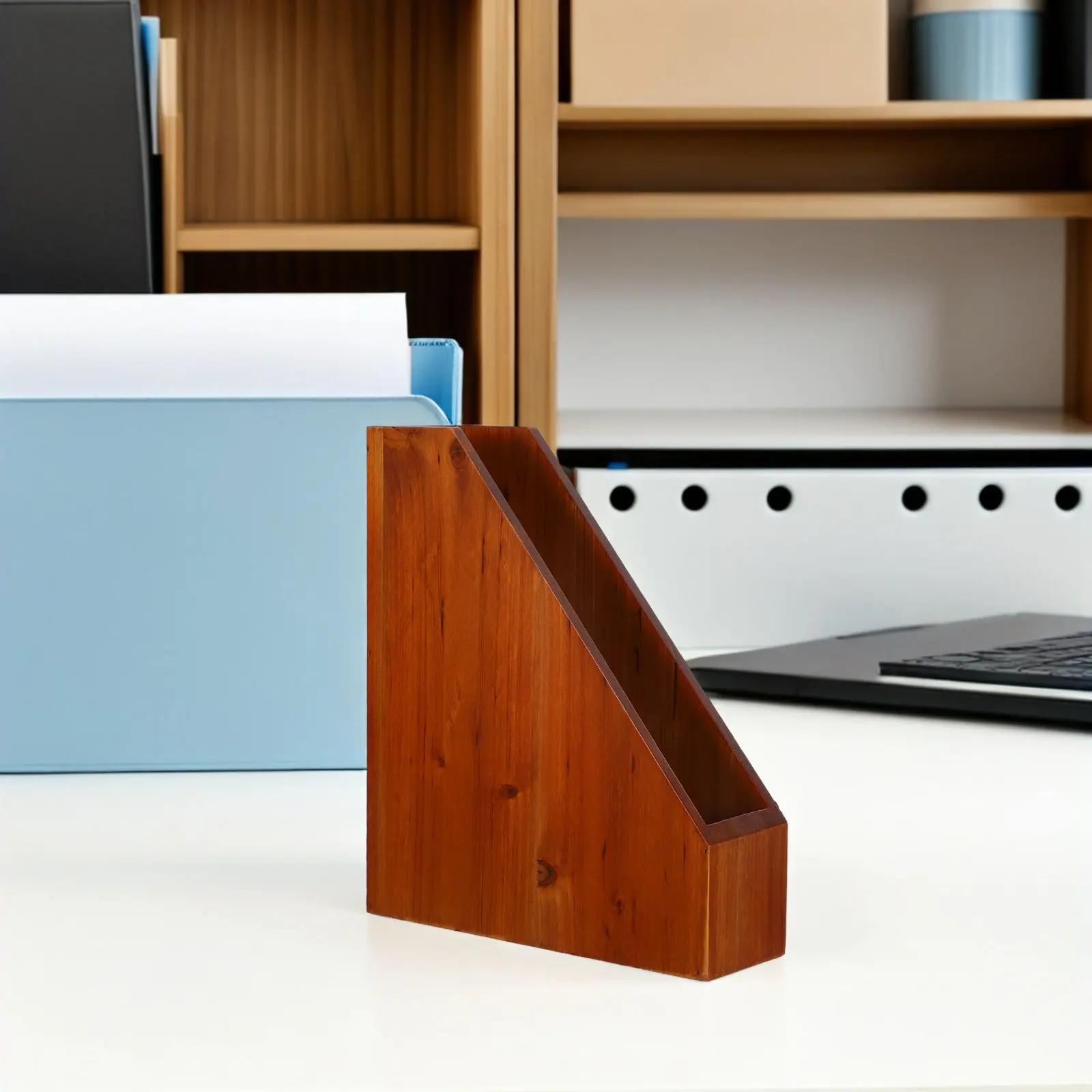 Wooden Rustic Desktop File Holder Bookshelf Organizer Sturdy Binder Support for Office Desk Paper Document Magazine Storage Rack