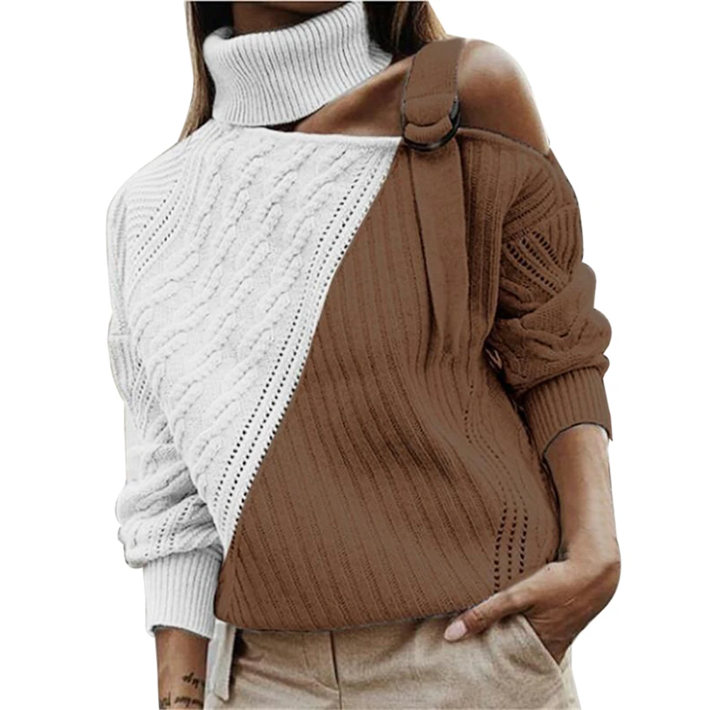 

Autumn Winter Long Sleeve Jumper Tops Women Patchwork Turtleneck Sweater Sexy Off Shoulder Buckle Knitted Pullover Pull Knitwear