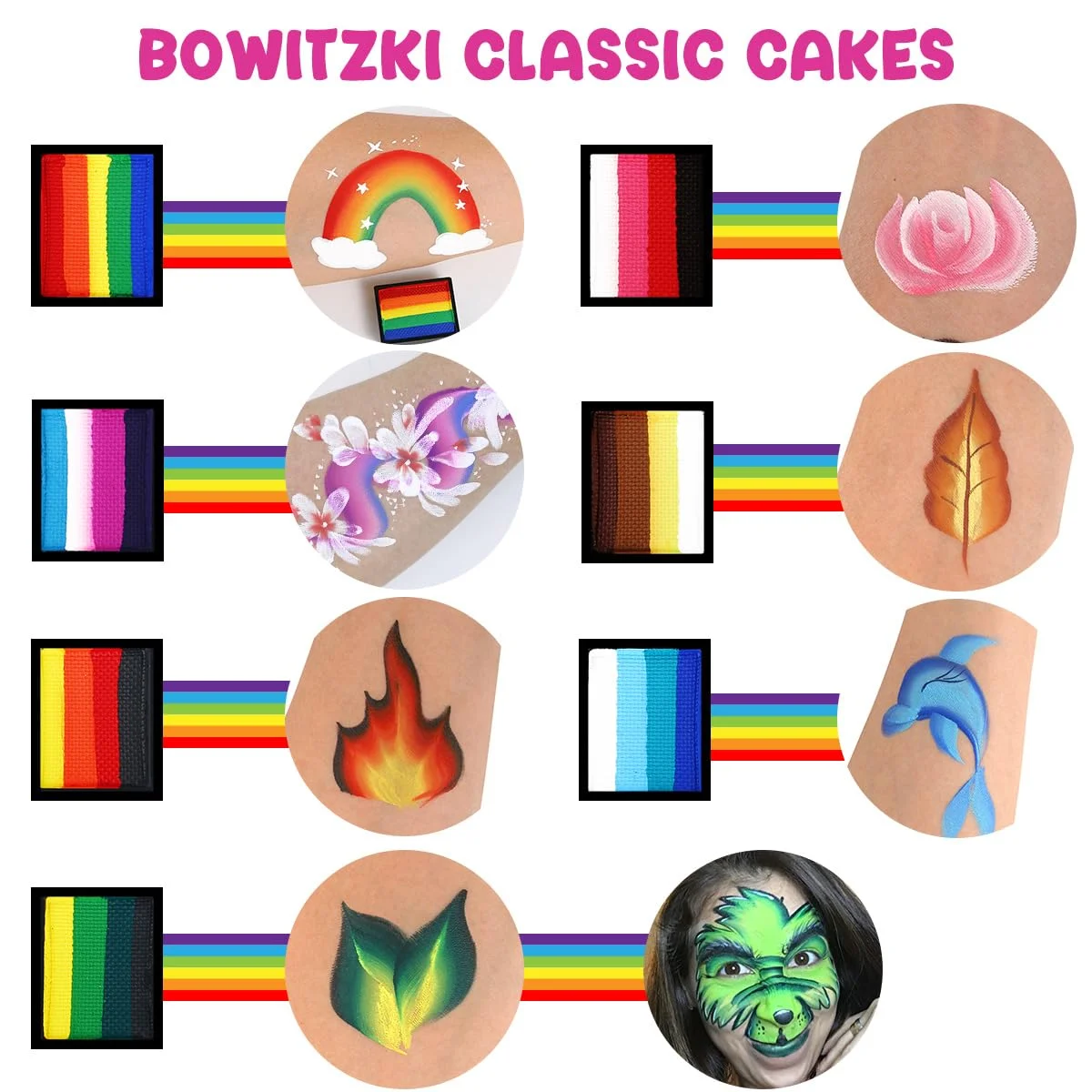 Bowitzki Gesichtsbemalung, 12 x 10 g, professionelles Körperbemalungsset für Kinder und Erwachsene, Schablone, einstufiger geteilter Kuchen, Regenbogen-Make-up
