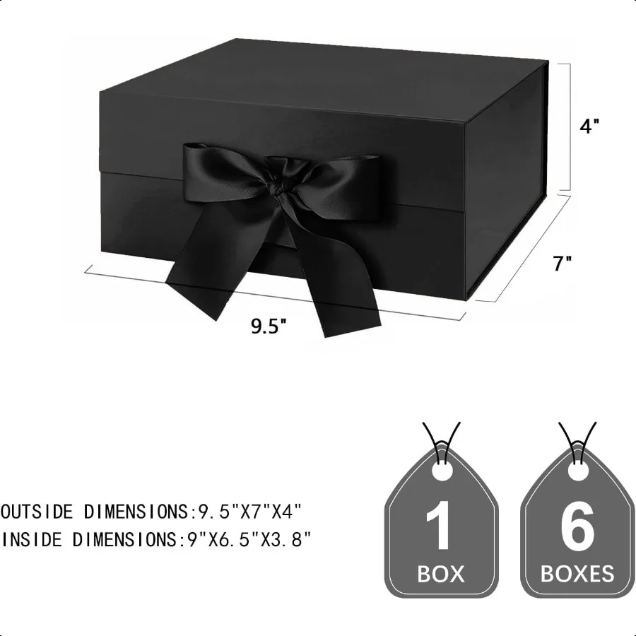 6 Cajas de Regalo con Cinta 9x6,5x3,8 Pulgadas Cajas Negras para Regalos Cajas de Proposiciones para Padrinos para el Día de la Madre Día del Padre Colapsi