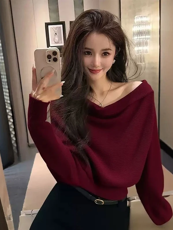 

Stunning Wine Red Knitted Sweater V-Neck Inner Wear French Style Loose Fit Long Sleeve Batwing Sleeve Color Casual Top