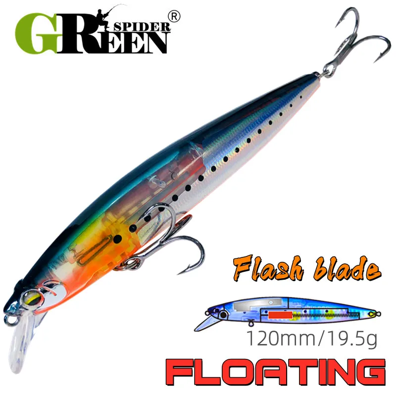 GREENSPIDER 120mm 19.5g Floating Minnow Professional Quality Fishing Lures with Flash Blade Hard Floating Wobblers Crankbait