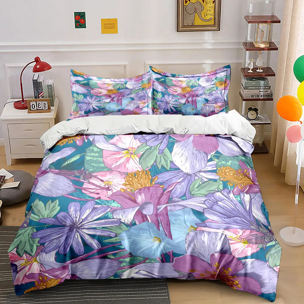 

3pcs Colorful floral illustration Print Bedding Set 1 Duvet Cover 2 Pillowcases for Adult and Children Luxury Gift Full Size