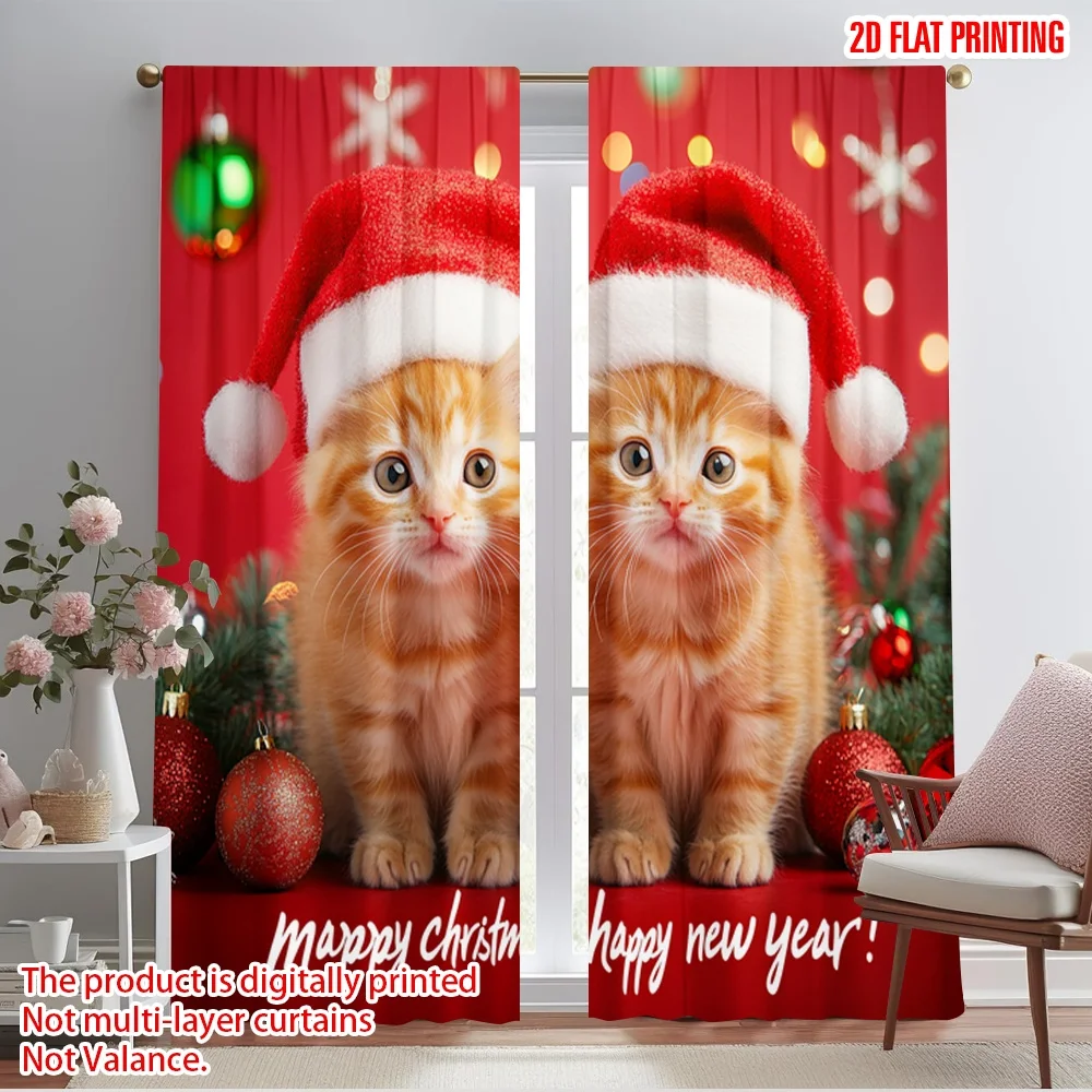 2pcs,2D plane printing Curtains&Window Treatment Cute Kittens Merry Christmas Happy New Year (2) Polyester (without rod)
