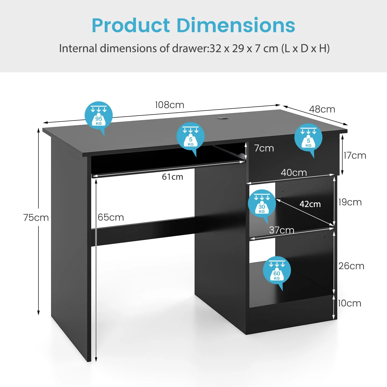Gflame-مكتب خشبي أسود مع درج ، درج لوحة مفاتيح قابل للسحب ، مكتب كمبيوتر #2