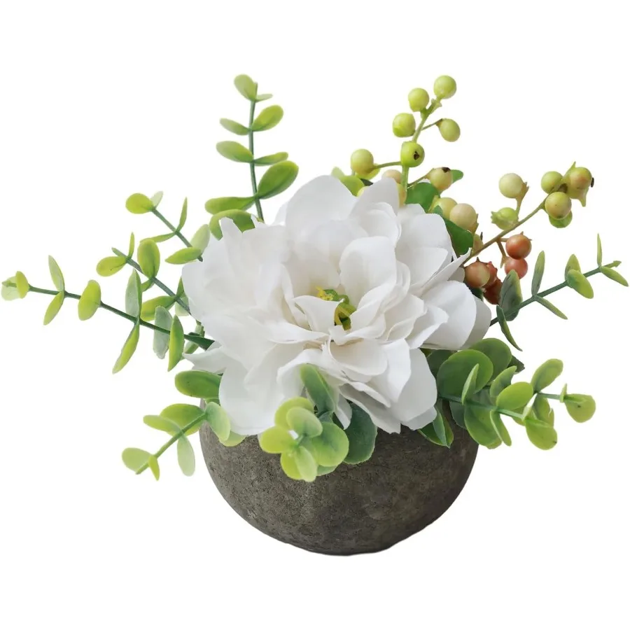 

Small Articial Flowers Potted Plant Fake Flower Realistic Silk White Peony and Greenery with Vase for Table Decor Centerpiece M