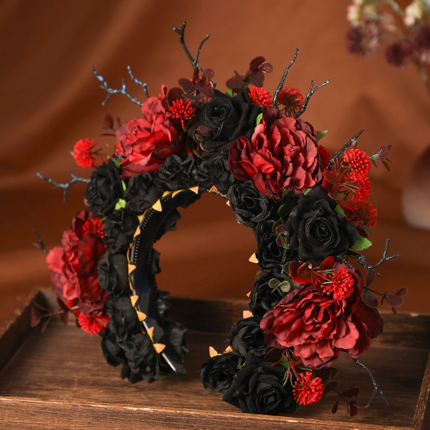 Baroque Vintage Black Red Handamde Rose Flowers Hairbands For Women Bride Wedding Hair Accessories Headbands image 2