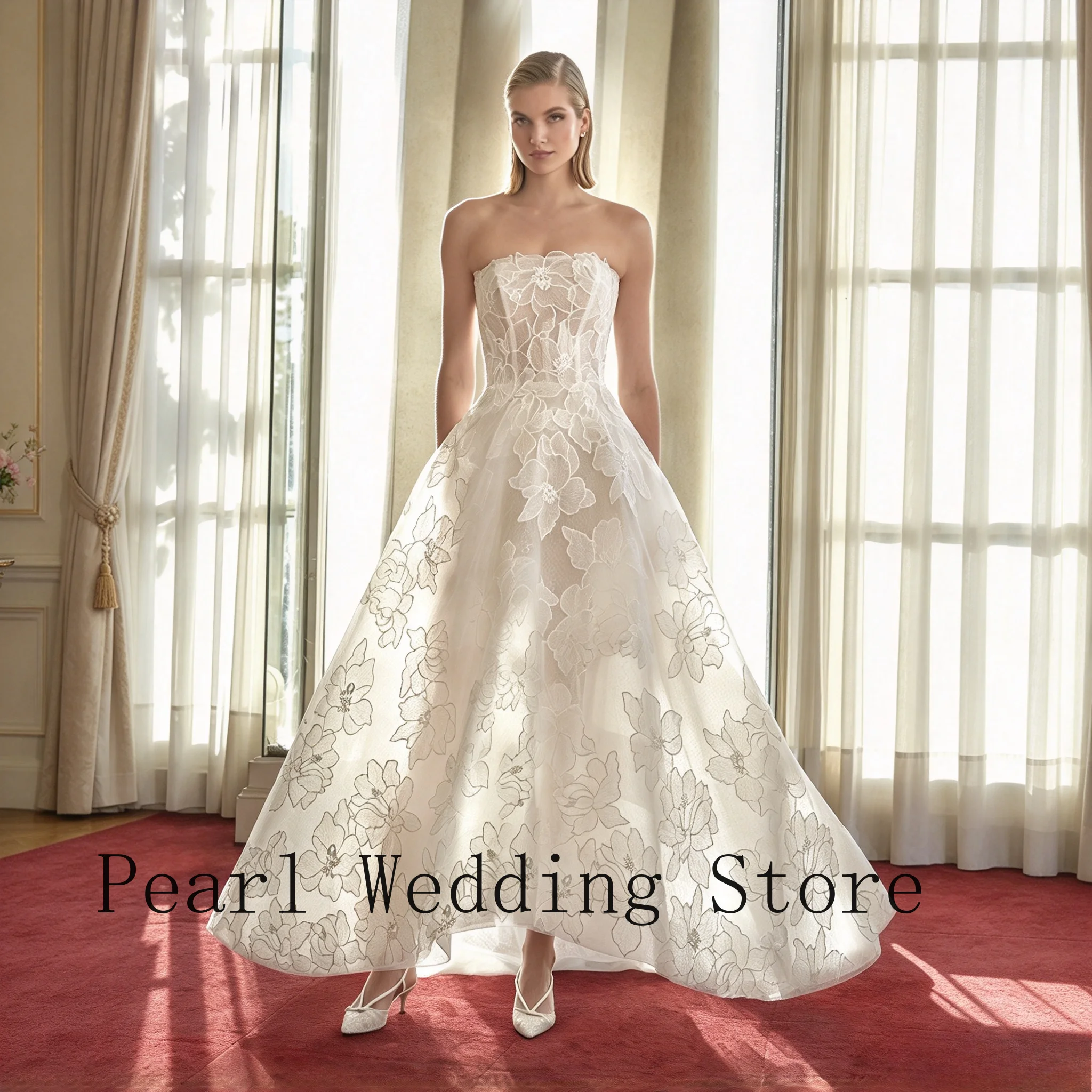 Corset Bodice Large Floral Lace A Line Wedding Dress Elegant Ankle Length Bridal Gown For Intimate Wedding And Elopement