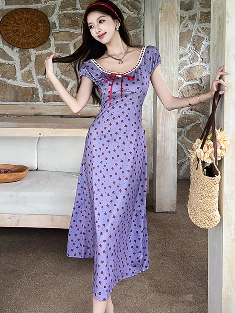 Zomer Paars Satijn Bloemen Chique Strik O-hals Lange Jurk Vrouwen Koreaanse Vintage Luxe Avondjurk 2025, Elegante Bodycon Feestjurk