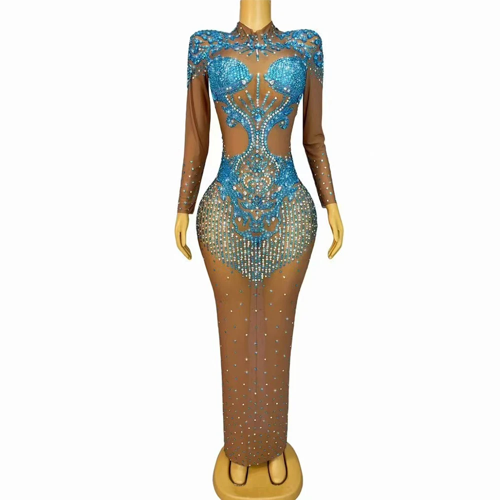 

Sexy High-end Designed Sparkly Rhinestones Cultuvation Mesh Dress Women Evening Party Gown Fashion Show Stage Photoshoot Costume