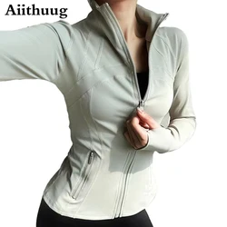 Aiithuug Side Pockets Thumbholes Yoga Jackets Women's Stand-up Collar Slimming Fit Coat Breathable Pilates Fitness Workout Tops