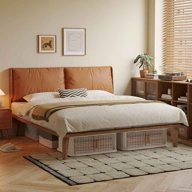 

Solid wood flush bed leather soft bag ultra-thin modern simple small apartment