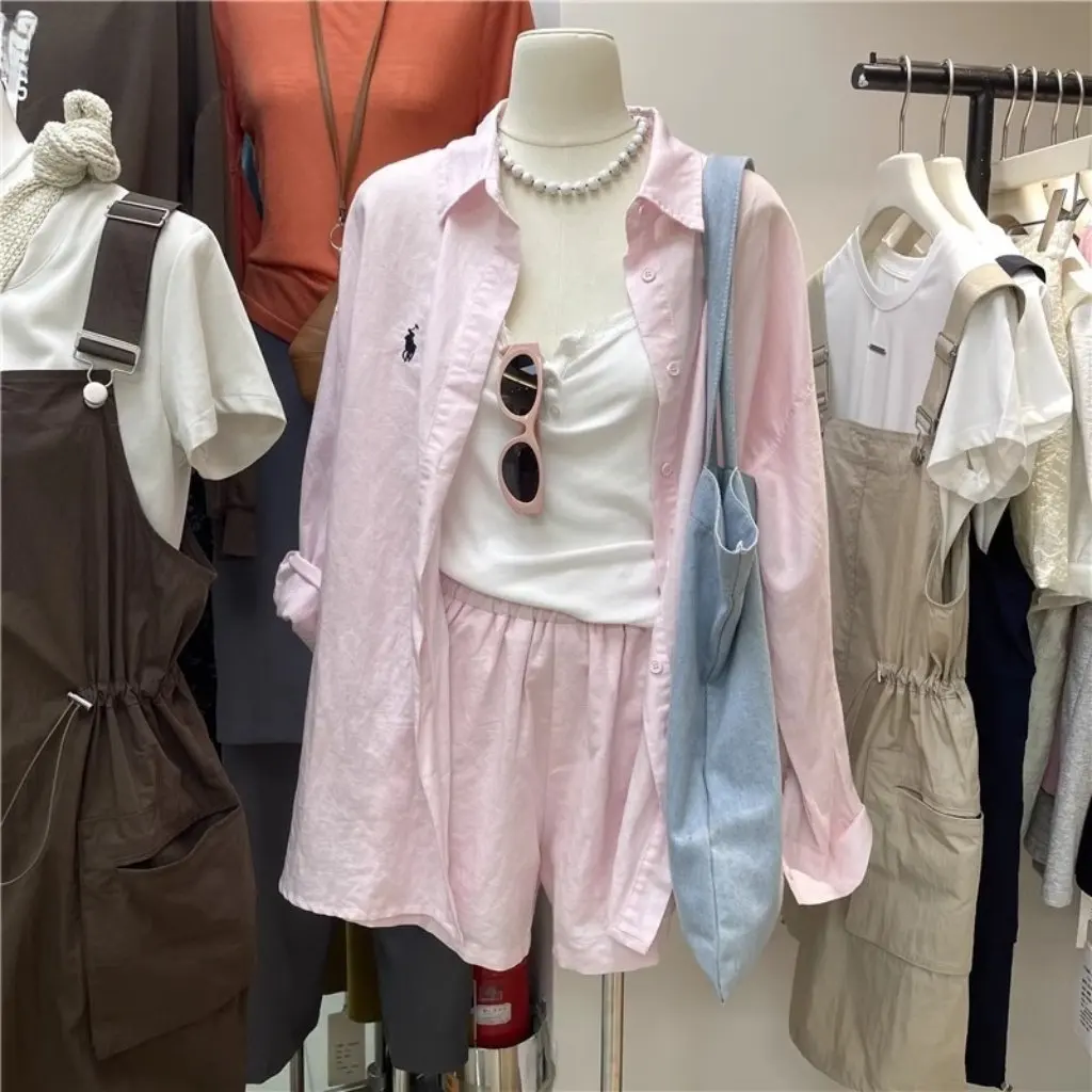 

Women's Thirteen Lines Spring Korean Style Loose Sunscreen Shirt And Shorts Set Casual Linen Two-Piece Outfit for Ladies