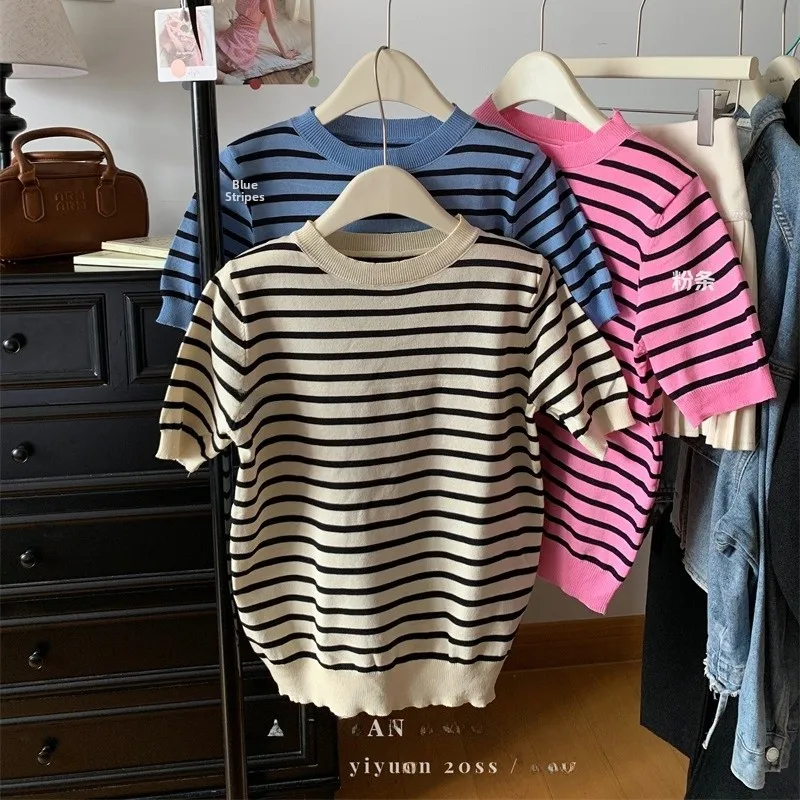 

Retro Korean Striped T-irt Women's round Ne Ice Silk Knitted irt Spring Summer Color Blo Chic f Sve Thin ort ...
