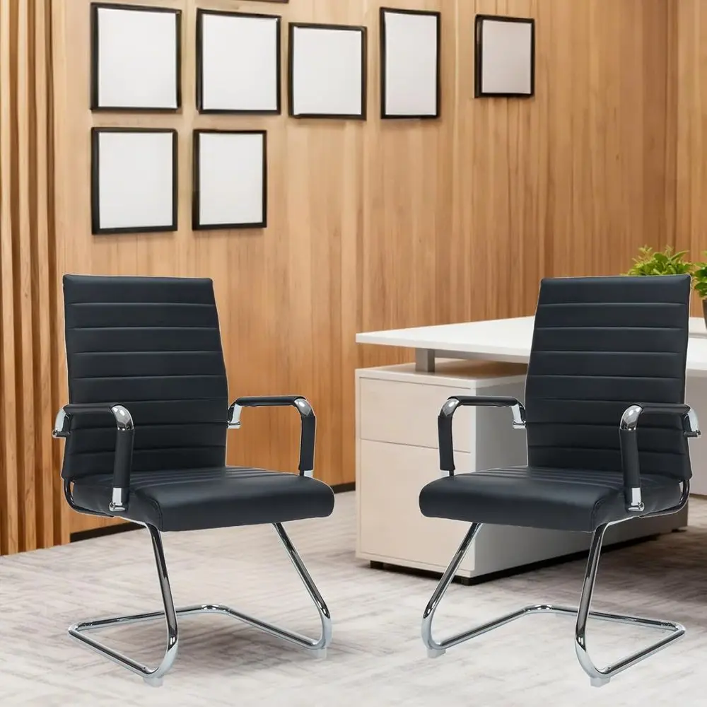 

Stationary Leather High-Back Chair without Wheels, Ideal for Conference or Waiting Areas, Black, Set of 2