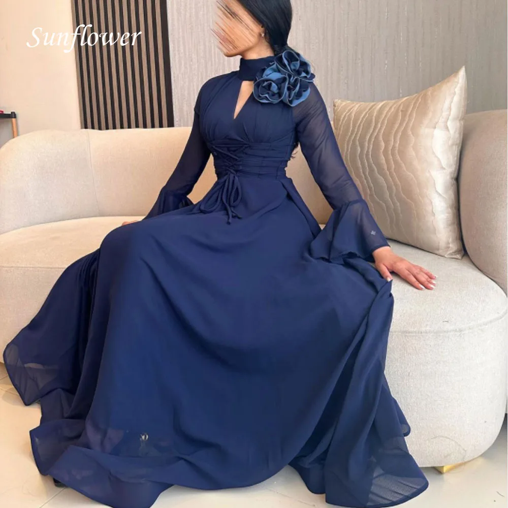 Sunflower Dark Blue V-Neck Prom Gowns Long Sleeve A-LINE Evening Dress Simple Slim Party Dress 2023 Chiffon High-end Custom