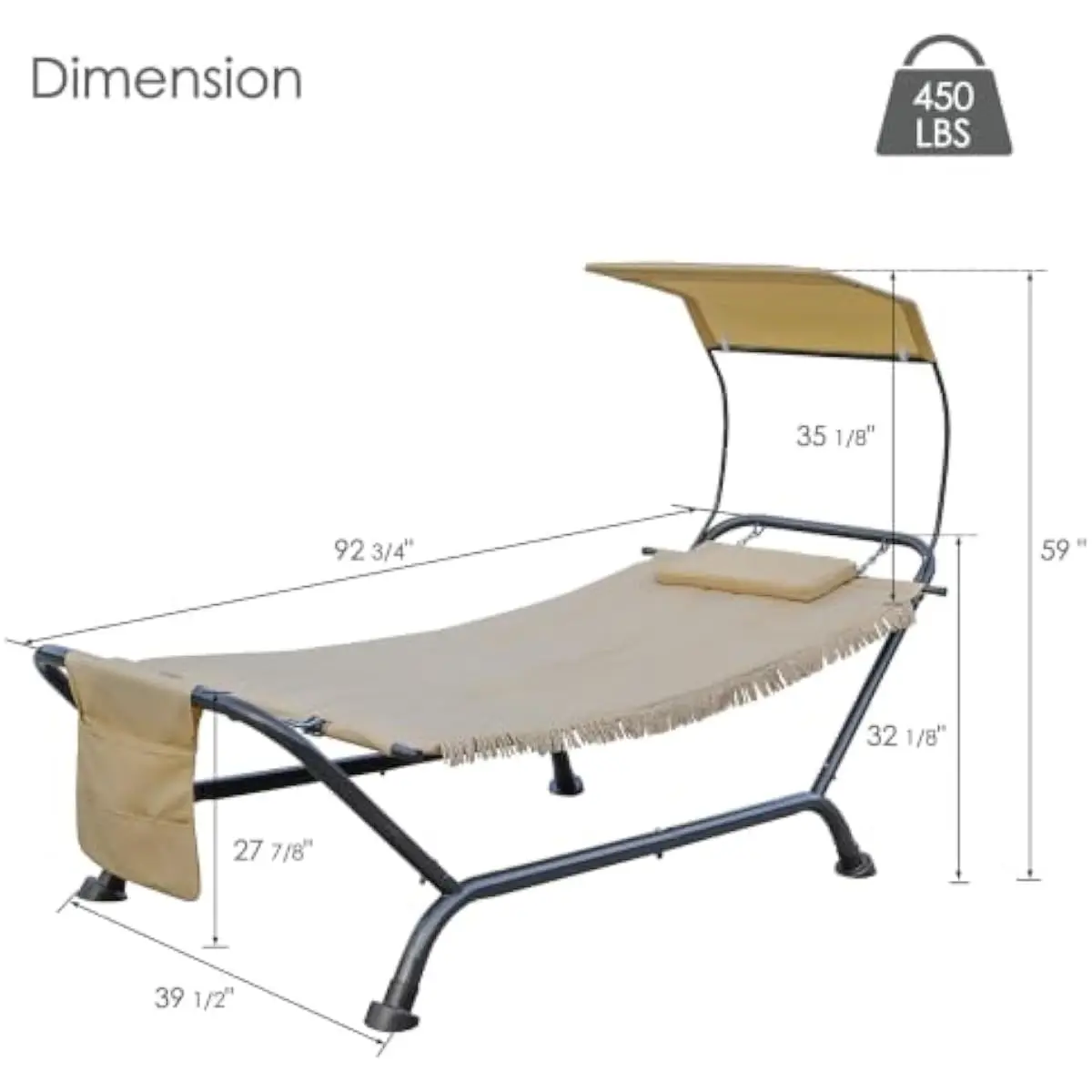 Patio Hammock with Stand and Canopy, Outdoor Lounger Bed with Thick Cushion Pillow and Storage Pocket for Poolside Backyard Garden