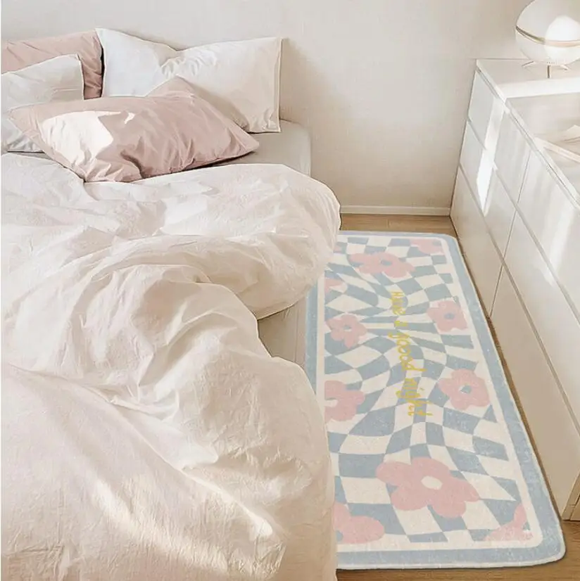 Nordic Bedroom Carpet Rectangle Flower Bedside Soft Mats Long Carpet Fleece Thick Non-slip Floor Mat Dust Proof Area Rug Bedroom