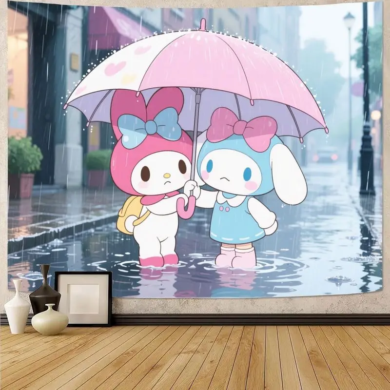 

1 шт. Sanrio My Melody & Cinnamoroll Kawaii гобелен дружбы, розовый зонтик дождливый день настенное искусство для декора спальни, гостиной, A
