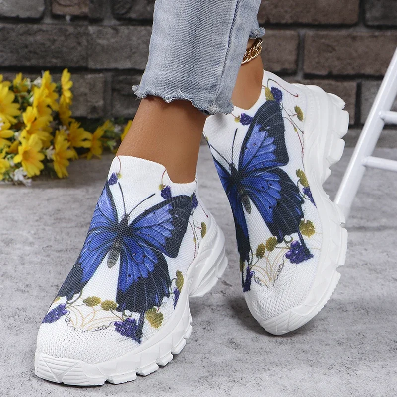 Thick Bottom Platform Breathable Knitted Sneakers Women Autumn 2025 Butterfly Print Slip On Casual Shoes Woman Non Slip Flats 43