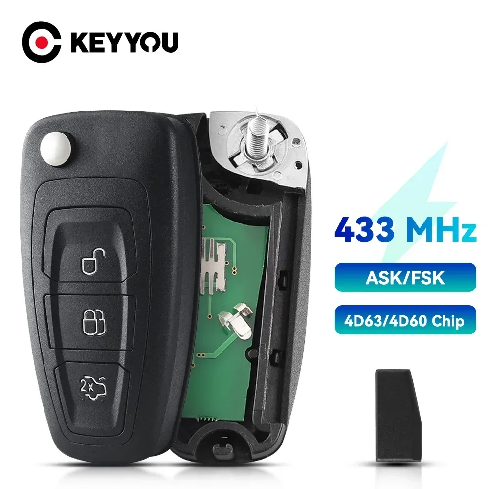

NEW For Ford Kuga C-Max Focus Fiesta Mondeo Galaxy 433Mhz ASK/FSK 4D63 4D60 Remote Smart Car Key
