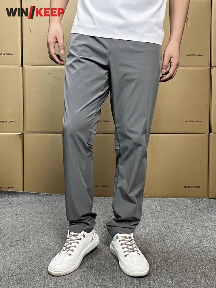 

Summer Mens Outdoor Waterproof Breathable Climbing Trousers Elastic Waist Thin Style Solid Color Hiking Straight Sweatpants Male