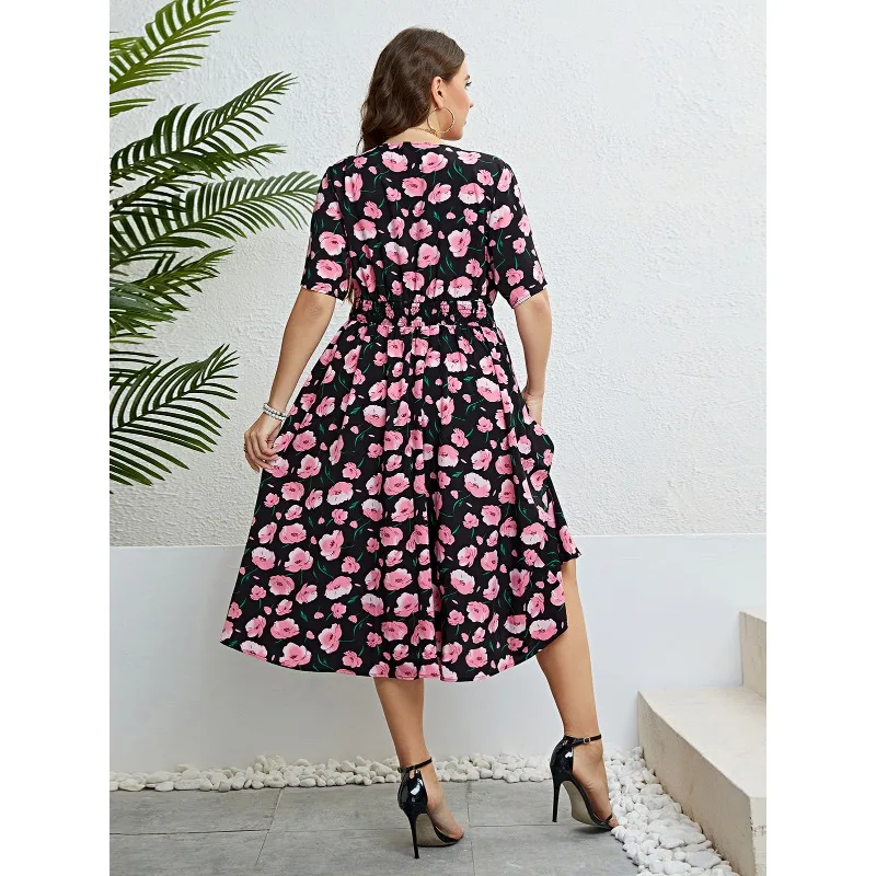 Vestidos de praia casuais femininos, manga curta, estampado flores, elegante vestido midi, moda verão, plus size XL-4XL, Dropshipping, 2023