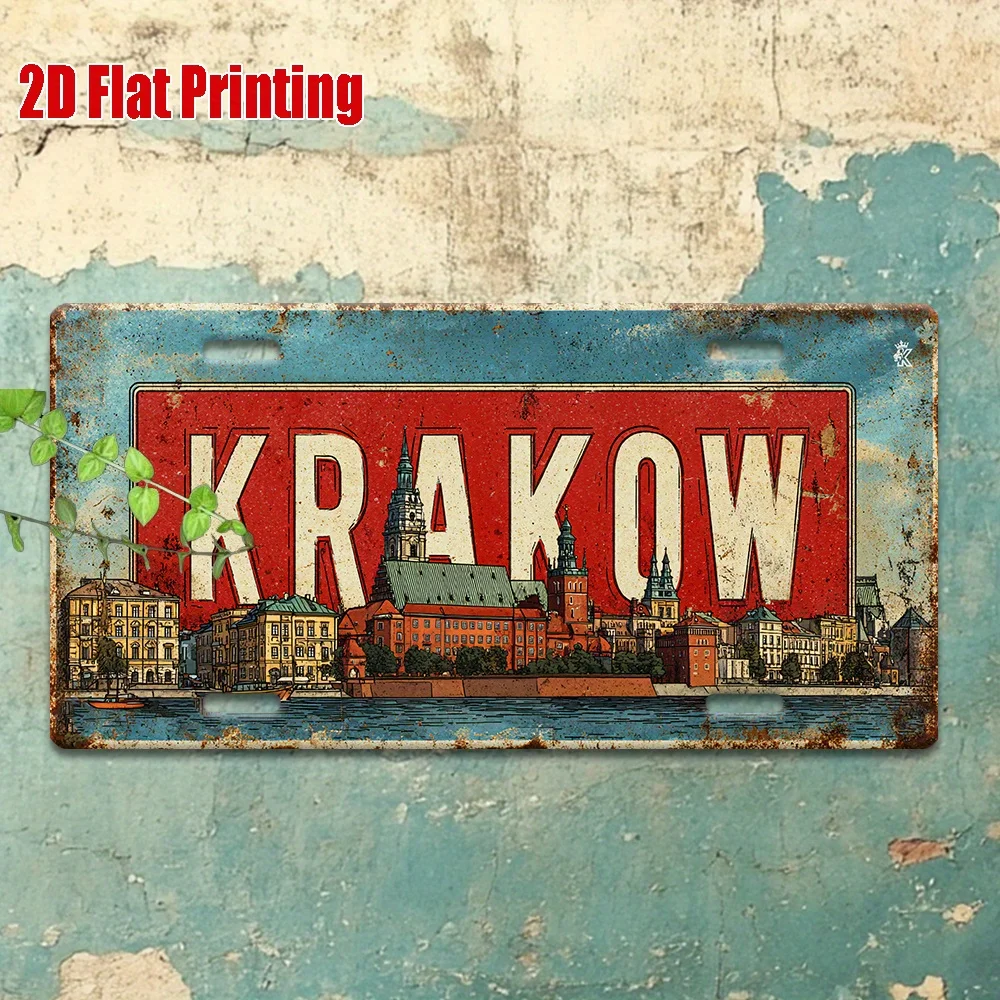 2D Flat Vintage Metal License Plate Krakow Aluminum Sign with Historic Polish Cityscape, Perfect for Homes, Bars, Cafes, Garages