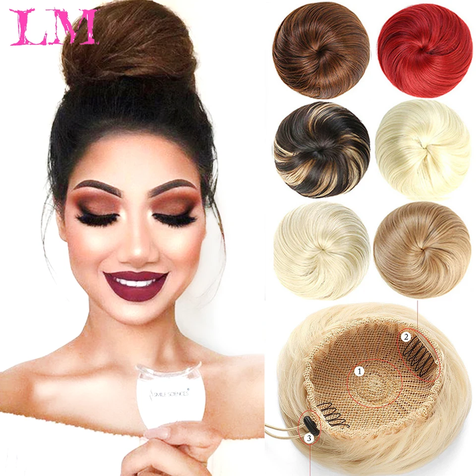 LM Synthetic Chignon Elastic Rubber Band Fake Hair Bun Clip in on Hair Tail Extension Updo Hair Piece Ponytail For Women