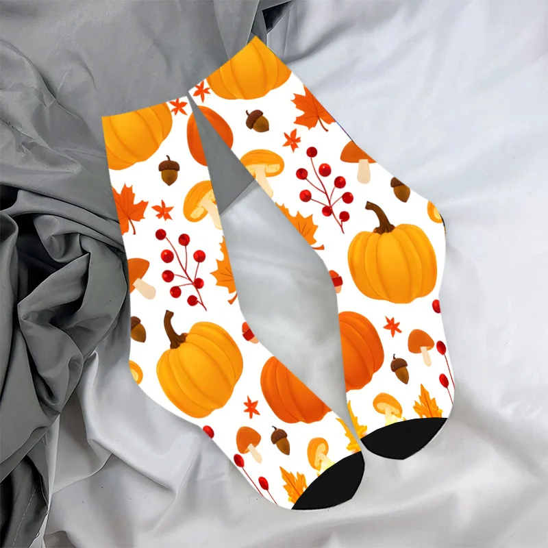 زوج واحد من جوارب منتصف الساق ذات طابع الخريف باللون البرتقالي الدافئ والأحمر والأصفر والأخضر والبني والأسود والأبيض ونعل مبطن غير قابل للانزلاق #1