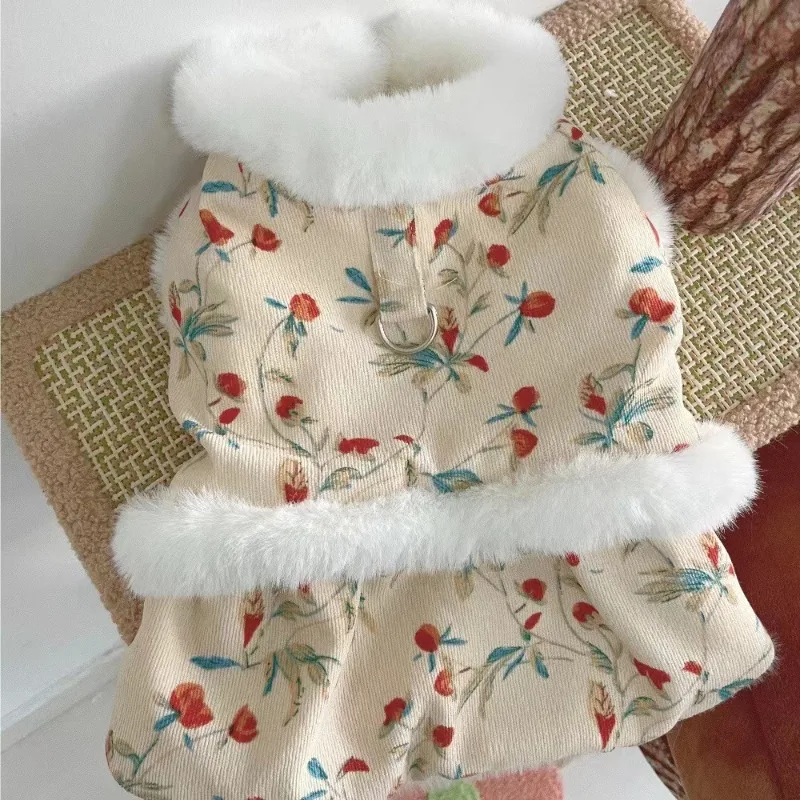 Pet Floral Plush Vest Autumn and Winter New Plush Floral New Year Dress Teddy Bear Dog Cat New Year Traction Vest Puppy Clothes